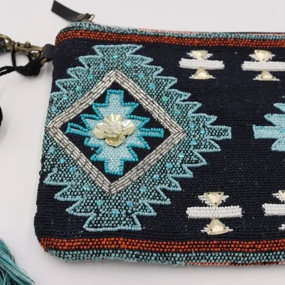 Steven Seed Beaded Bohemian Latken Cowrie Tassel Clutch Bag Blue Zippered Bag - Picture 13 of 15